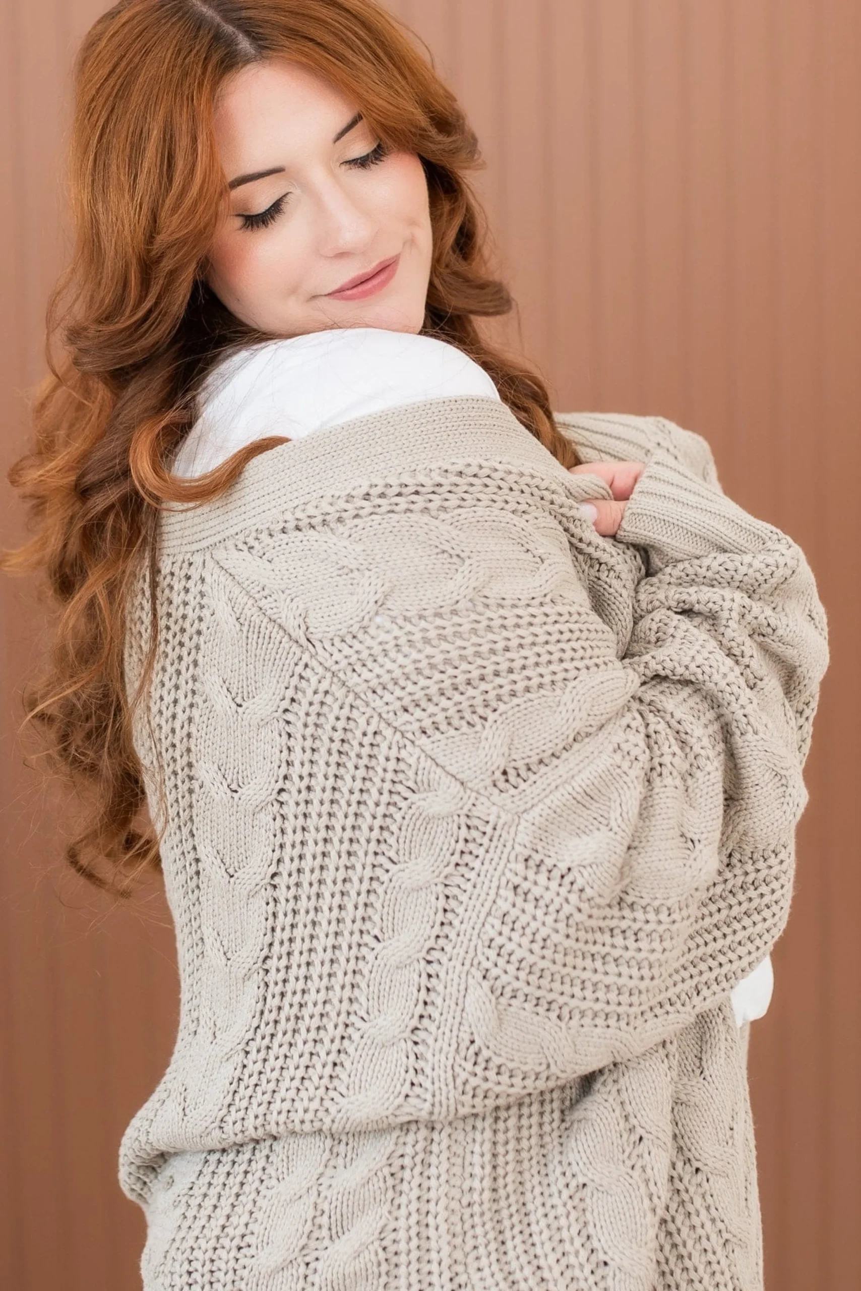 Cable Knit Adult Cardigan in Almond