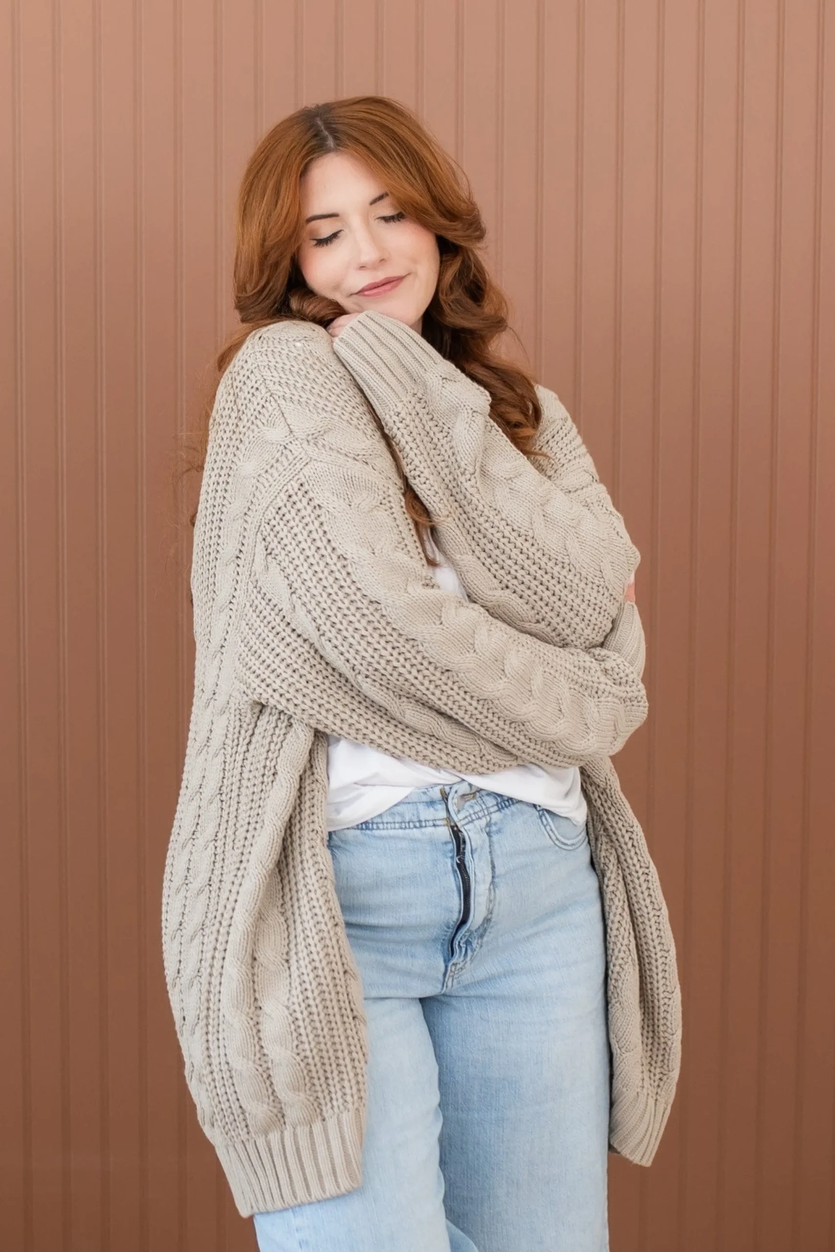 Cable Knit Adult Cardigan in Almond