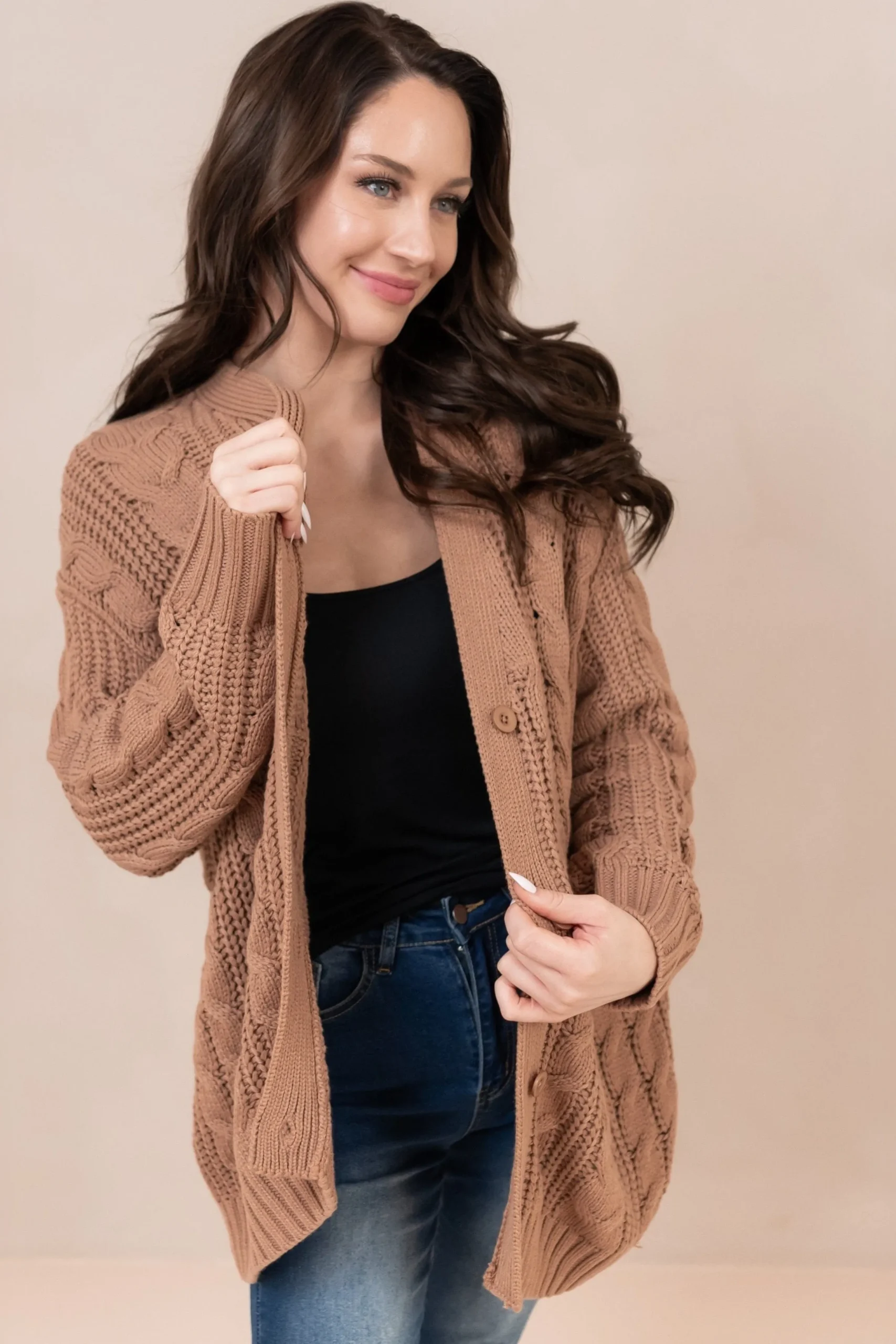 Cable Knit Adult Cardigan in Latte