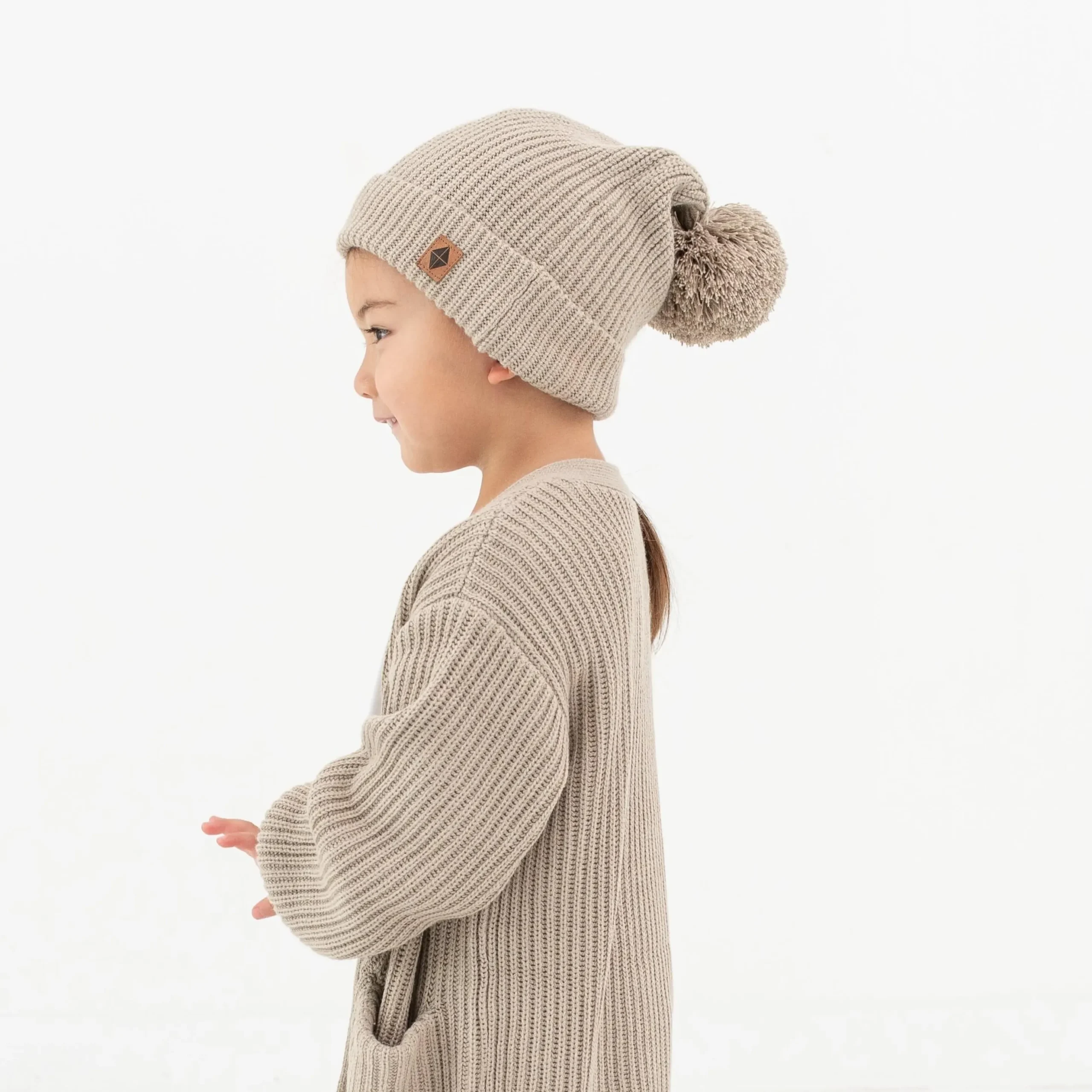 Chunky Knit Pom Beanie in Almond
