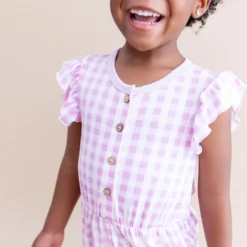 Flutter Sleeve Romper in Gingham Thistle