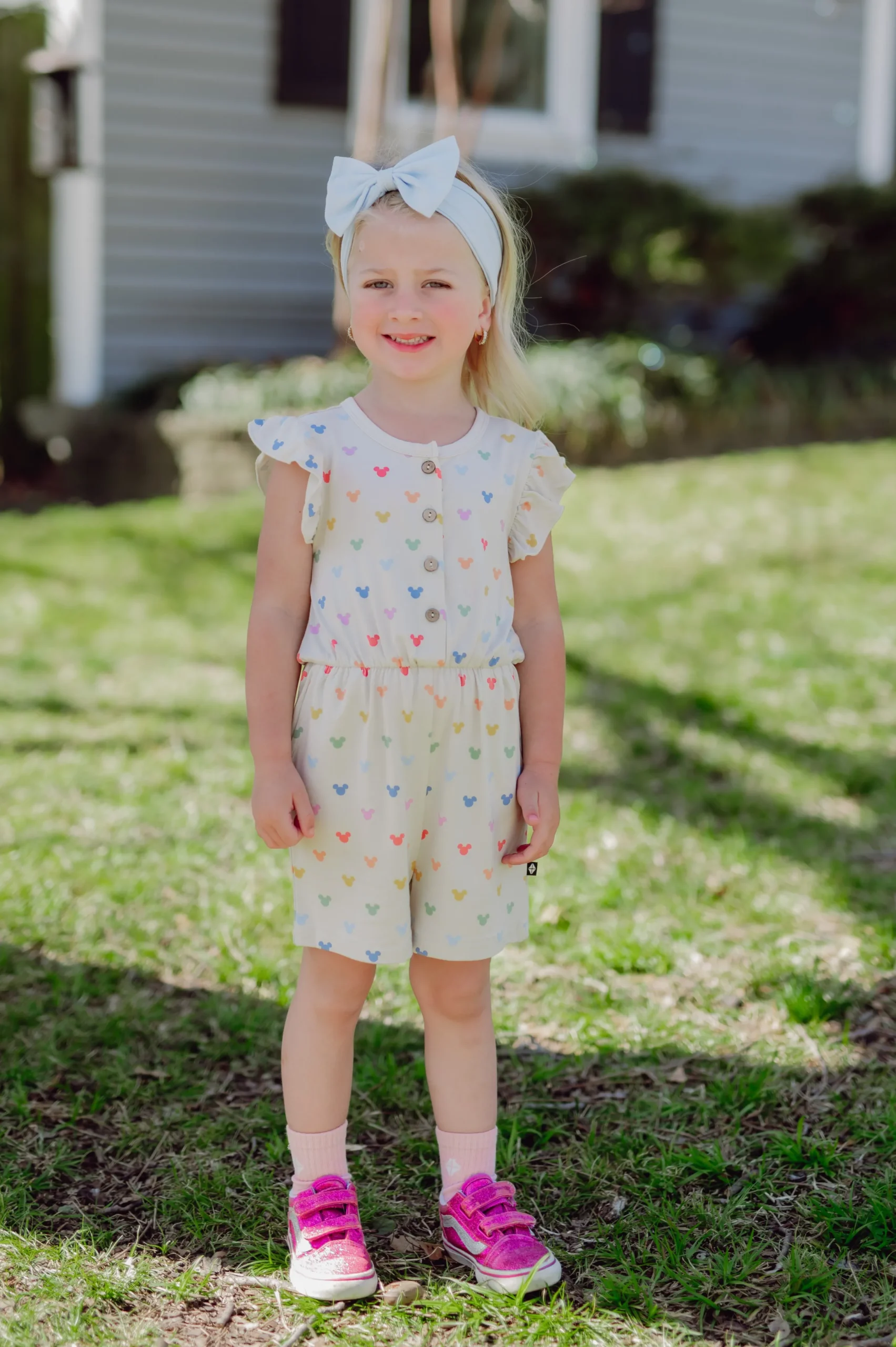 Flutter Sleeve Romper in Pastel Mickey Mouse