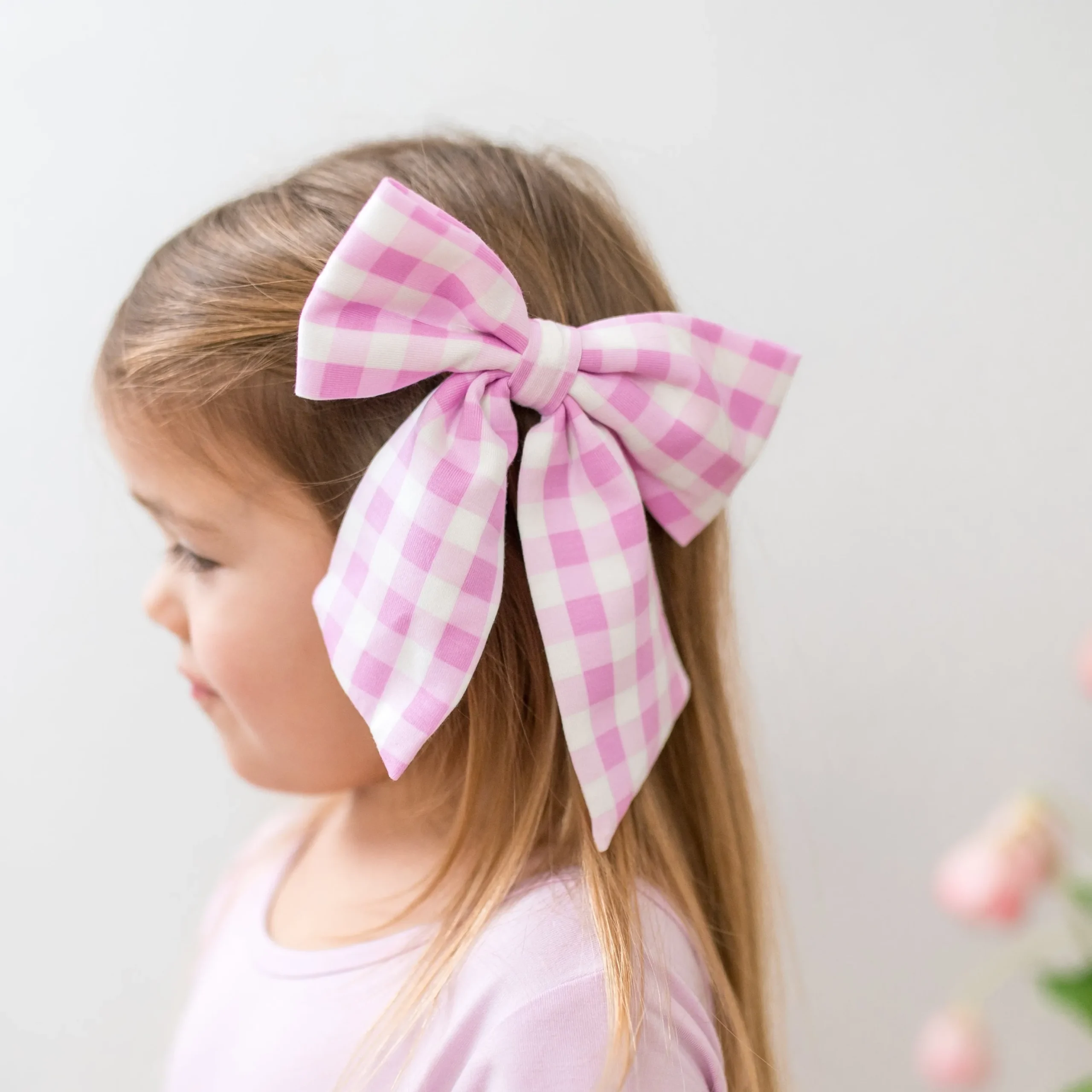Large Alligator Clip Bow in Gingham Thistle