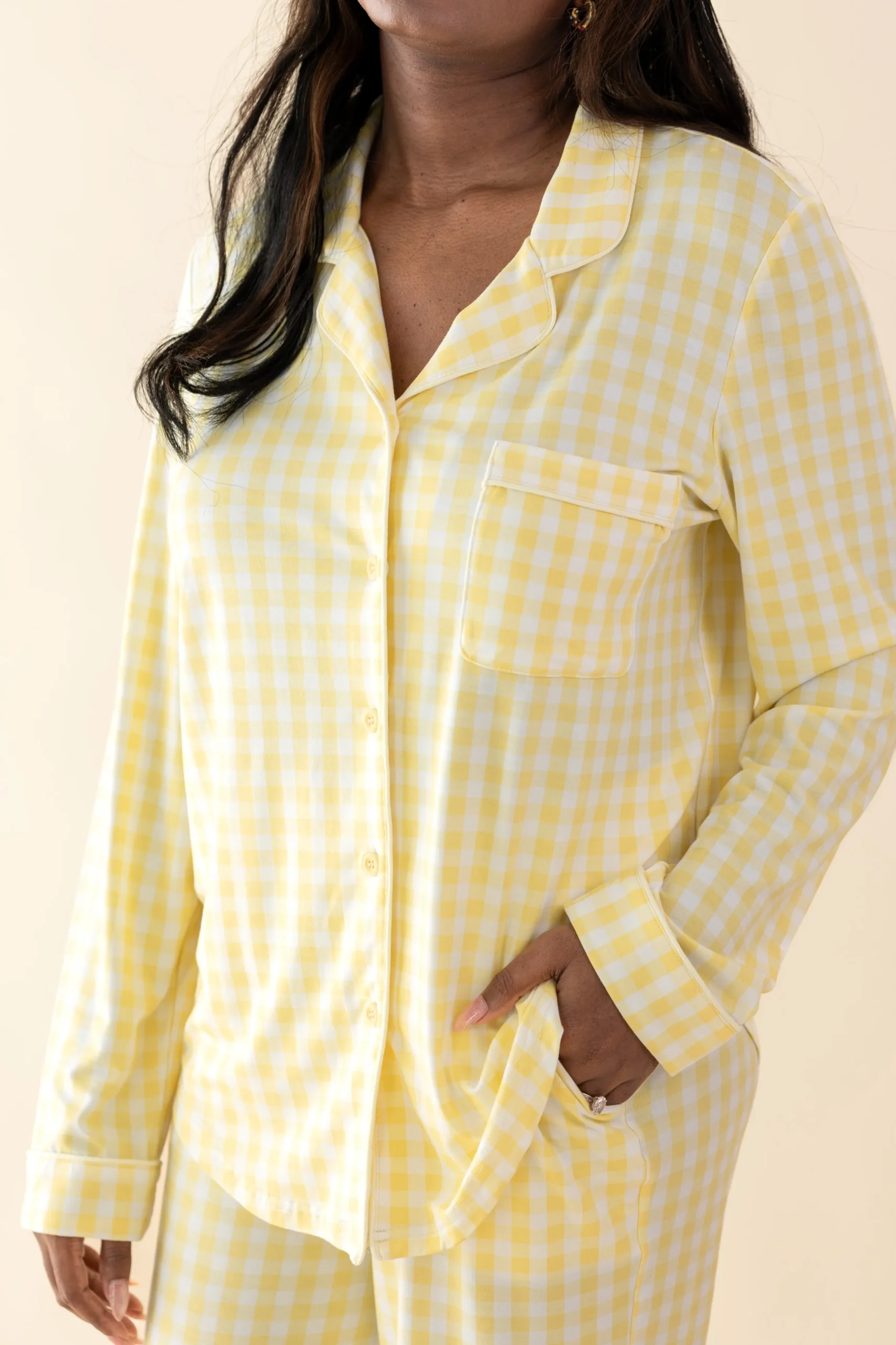 Long-Sleeved Women's Pajama Set in Gingham Chamomile