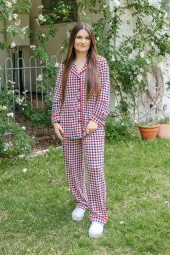 Long-Sleeved Women's Pajama Set in Patriotic Gingham