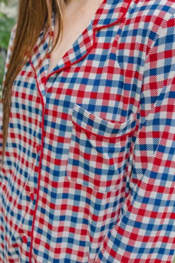 Long-Sleeved Women's Pajama Set in Patriotic Gingham