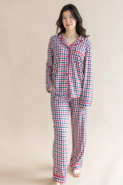 Long-Sleeved Women's Pajama Set in Patriotic Gingham