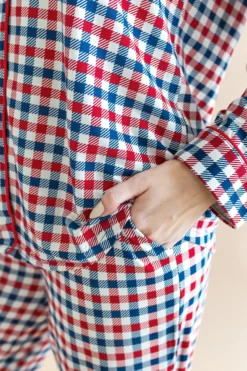 Long-Sleeved Women's Pajama Set in Patriotic Gingham