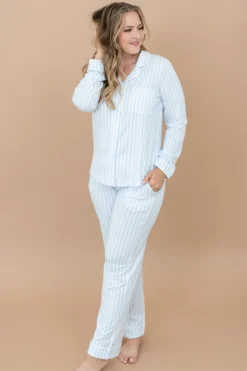 Long-Sleeved Women's Pajama Set in Small Mist Stripe with Cloud Trim