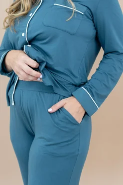 Long-Sleeved Women's Pajama Set in Atlantic with Cloud Trim
