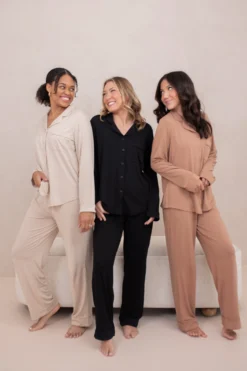 Long-Sleeved Women's Pajama Set in Latte with Latte Trim