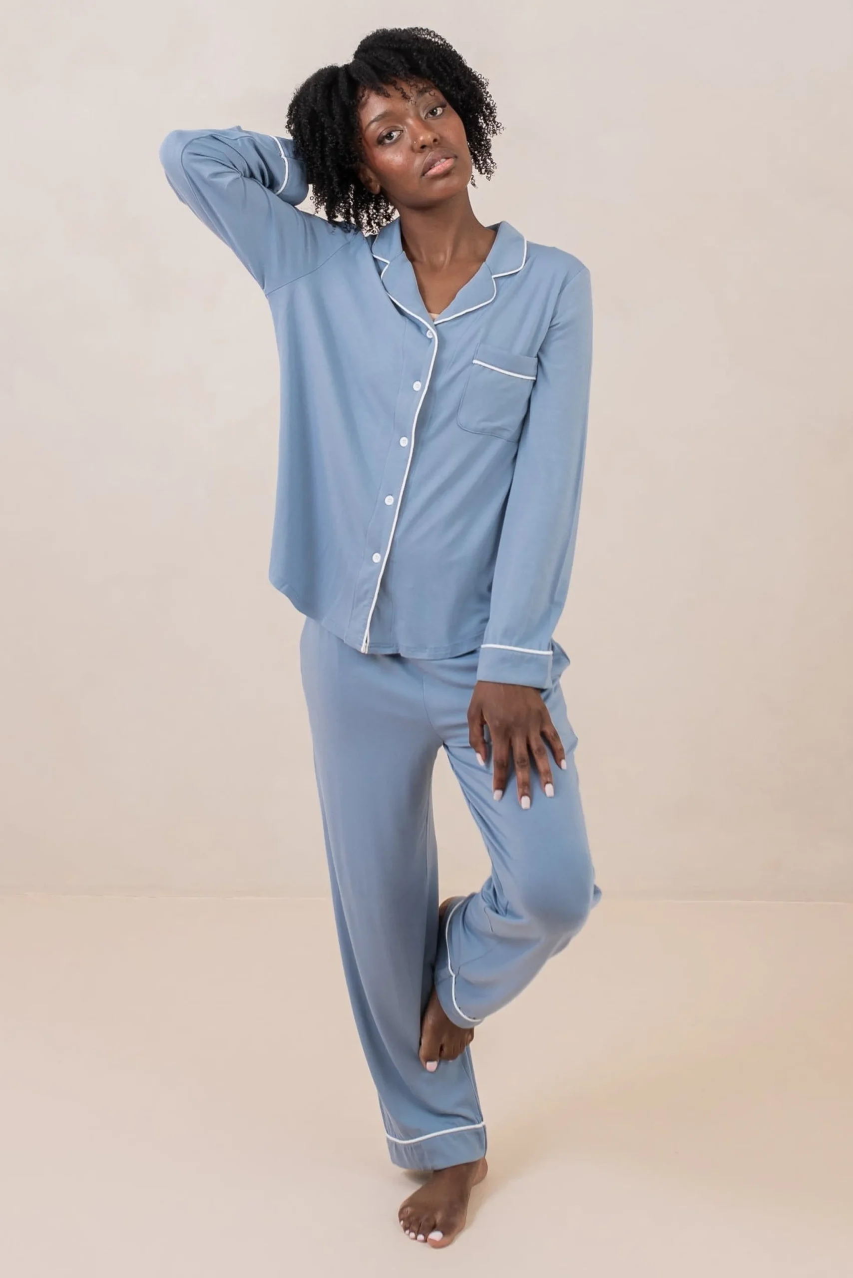 Long-Sleeved Women's Pajama Set in Slate with Cloud Trim
