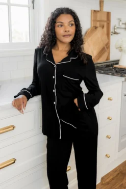 Long-Sleeved Women's Pajama Set in Midnight with Cloud Trim