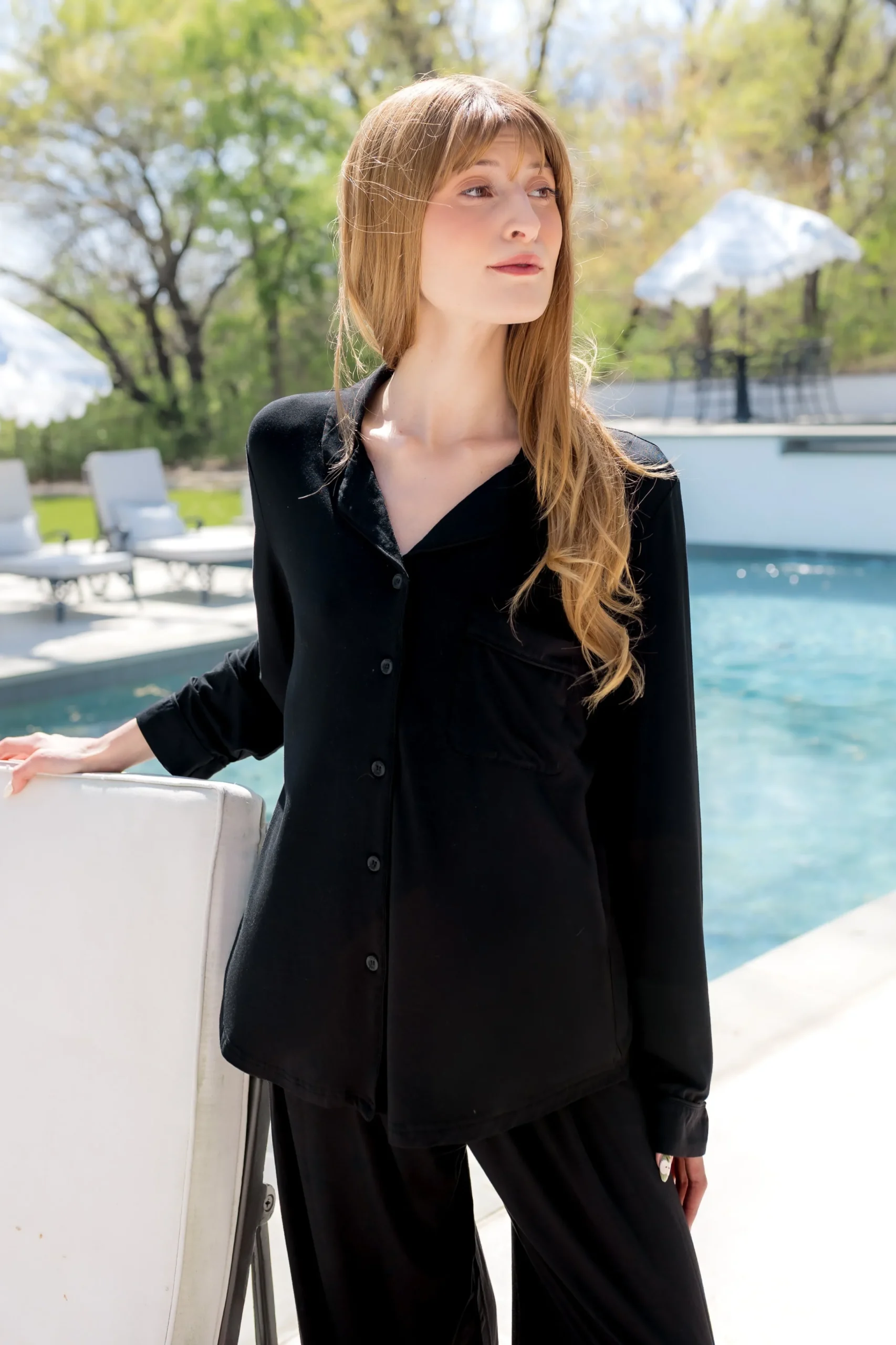 Long-Sleeved Women's Pajama Set in Midnight with Midnight Trim