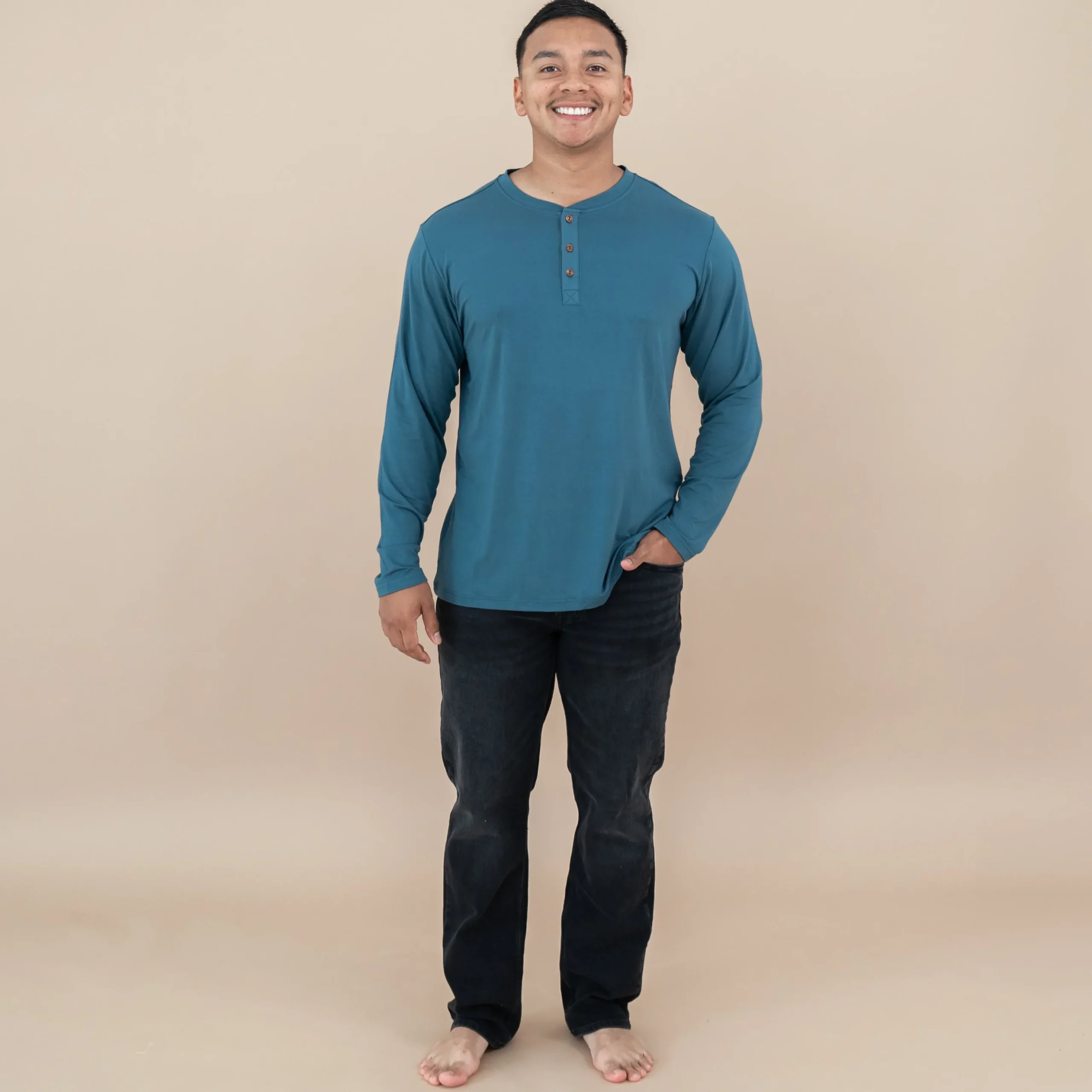 Men's Long Sleeve Henley Top in Atlantic
