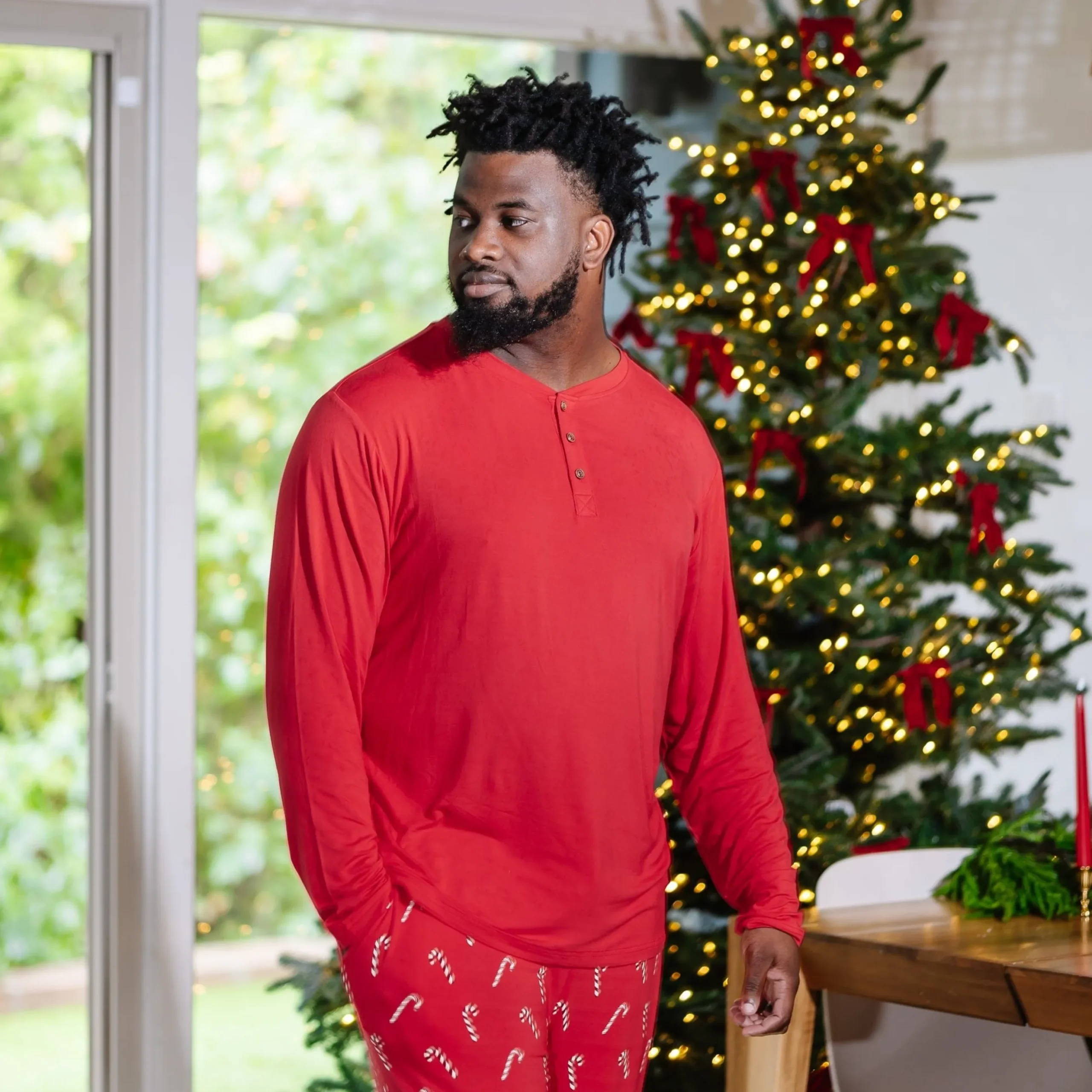 Men's Long Sleeve Henley Top in Cardinal
