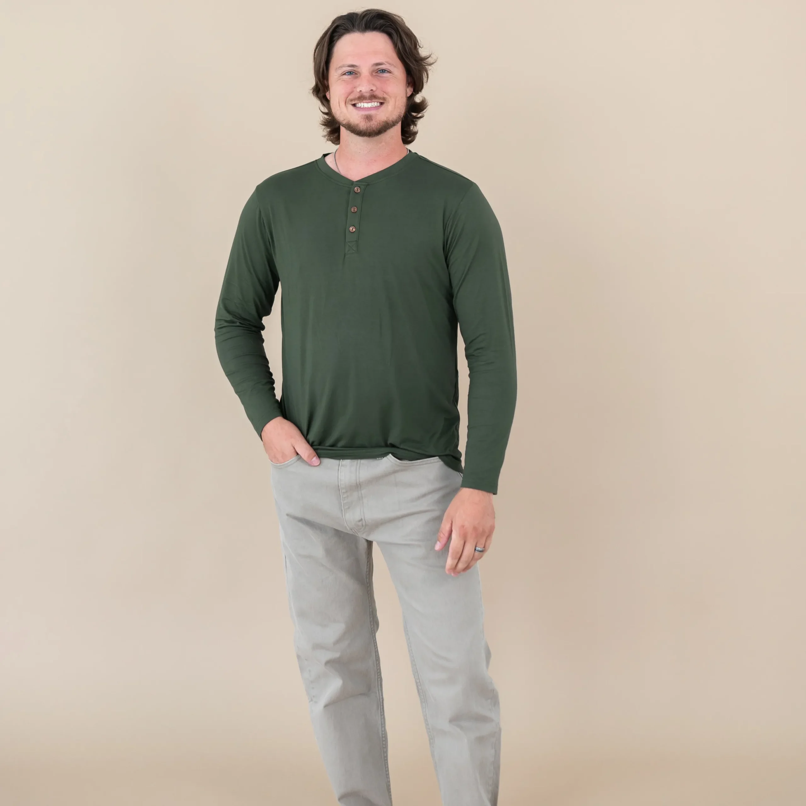 Men's Long Sleeve Henley Top in Fir
