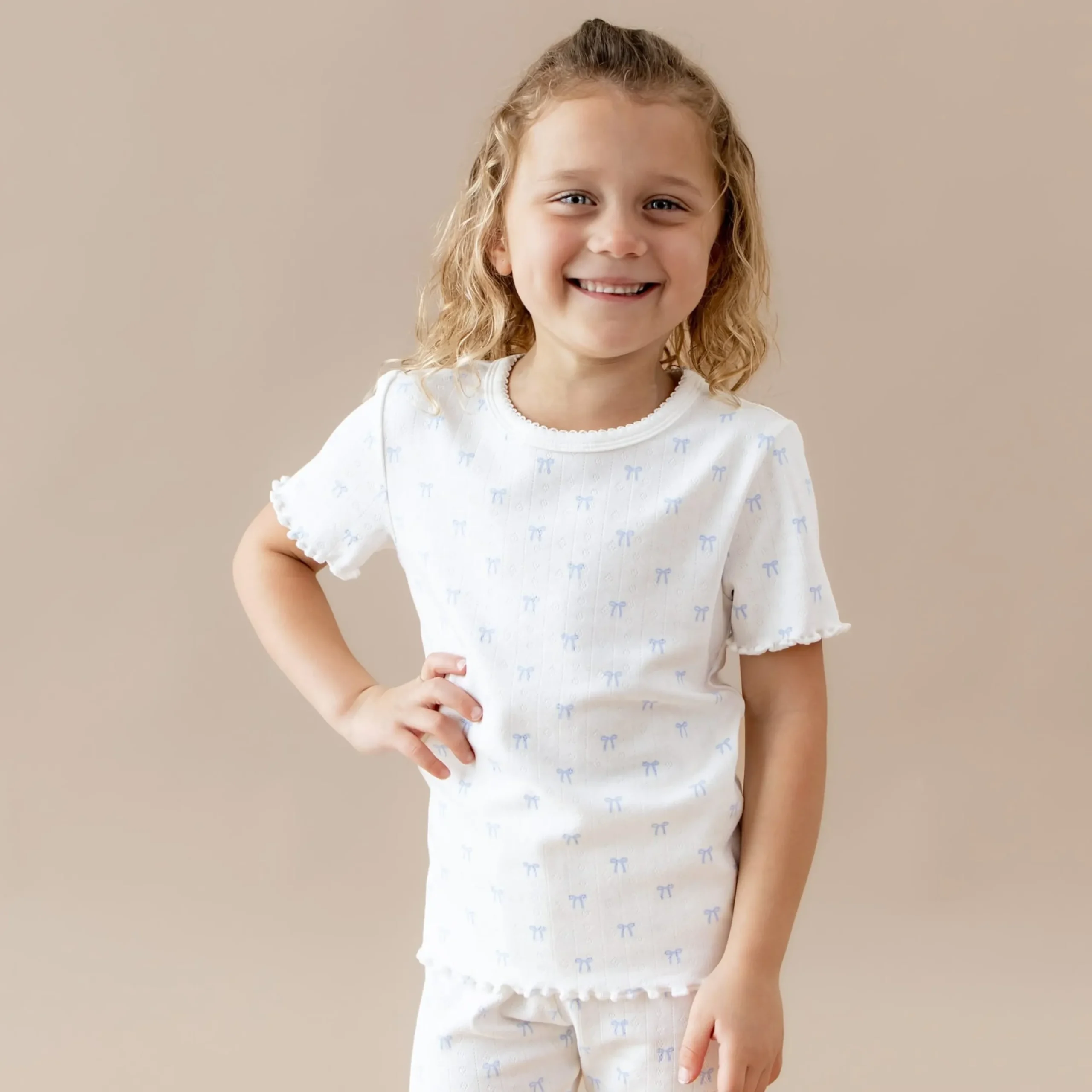 Pointelle Short Sleeve Set in Sweet Blue Bow