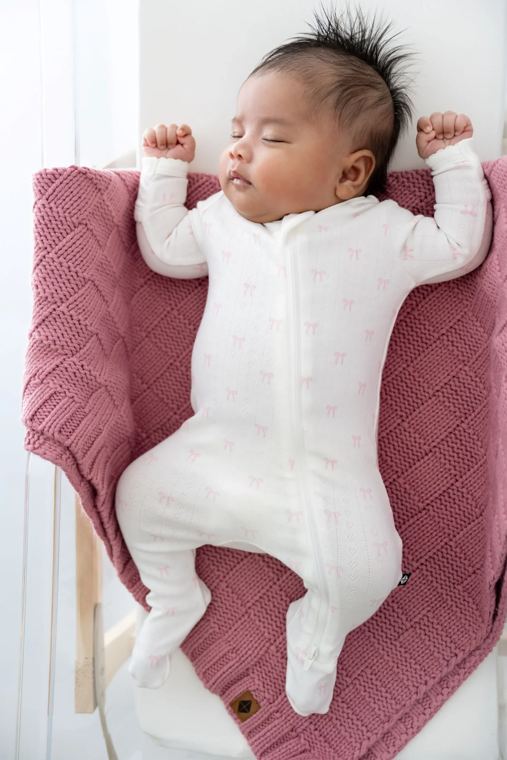 Pointelle Zippered Footie in Sweet Pink Bow