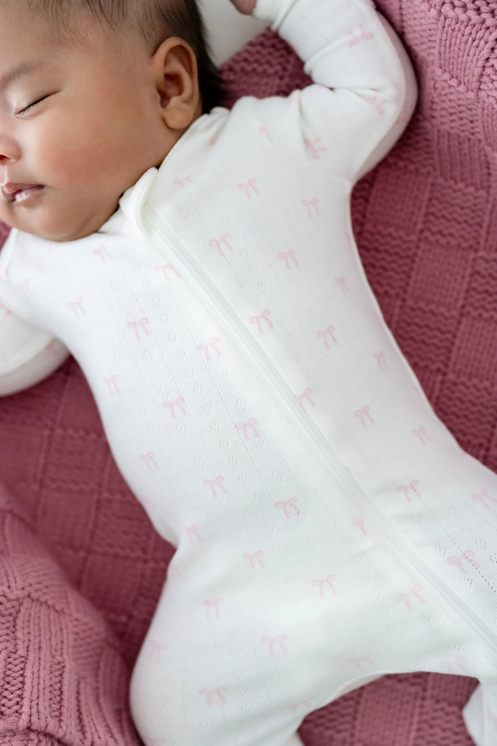 Pointelle Zippered Footie in Sweet Pink Bow