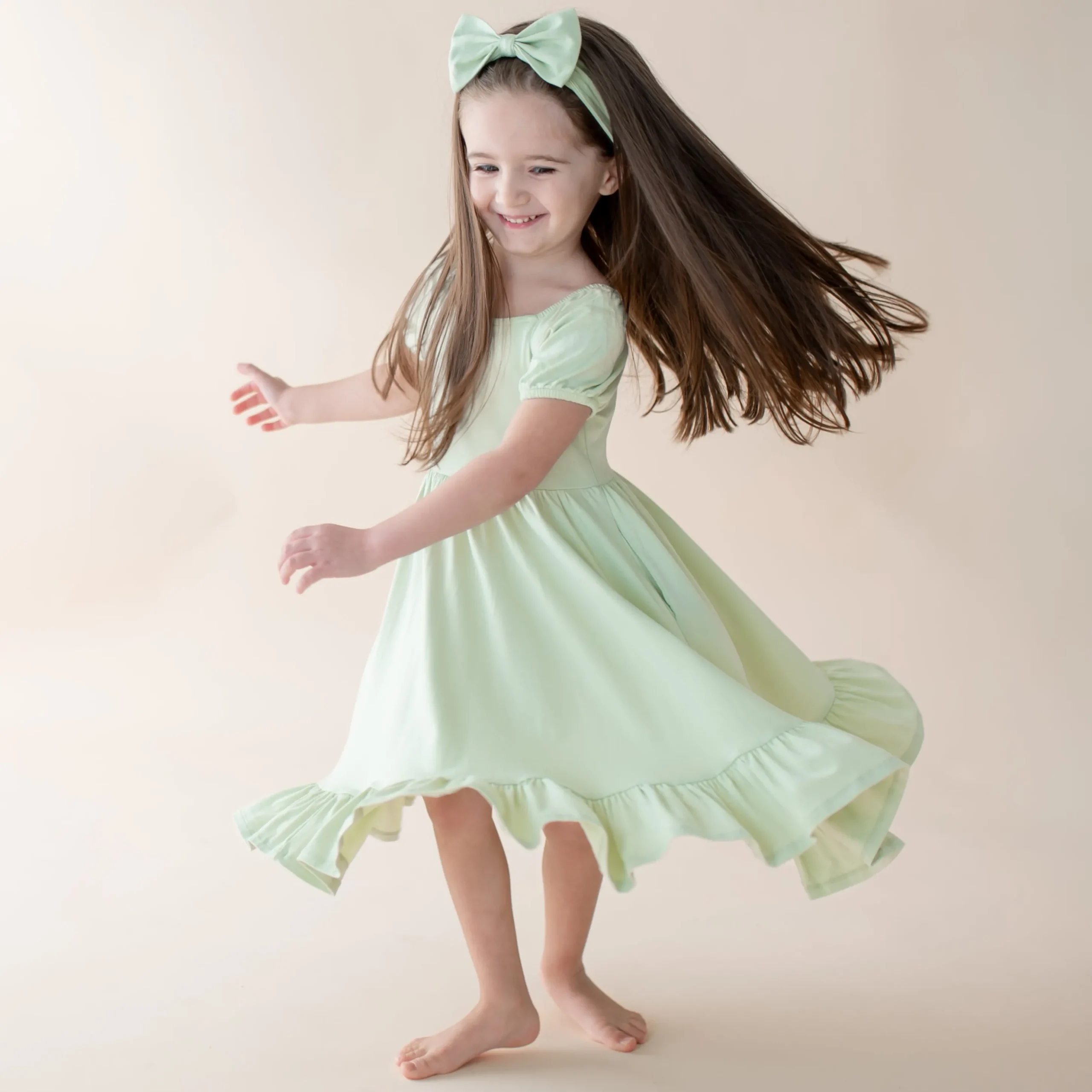 Puff Sleeve Twirl Dress in Basil