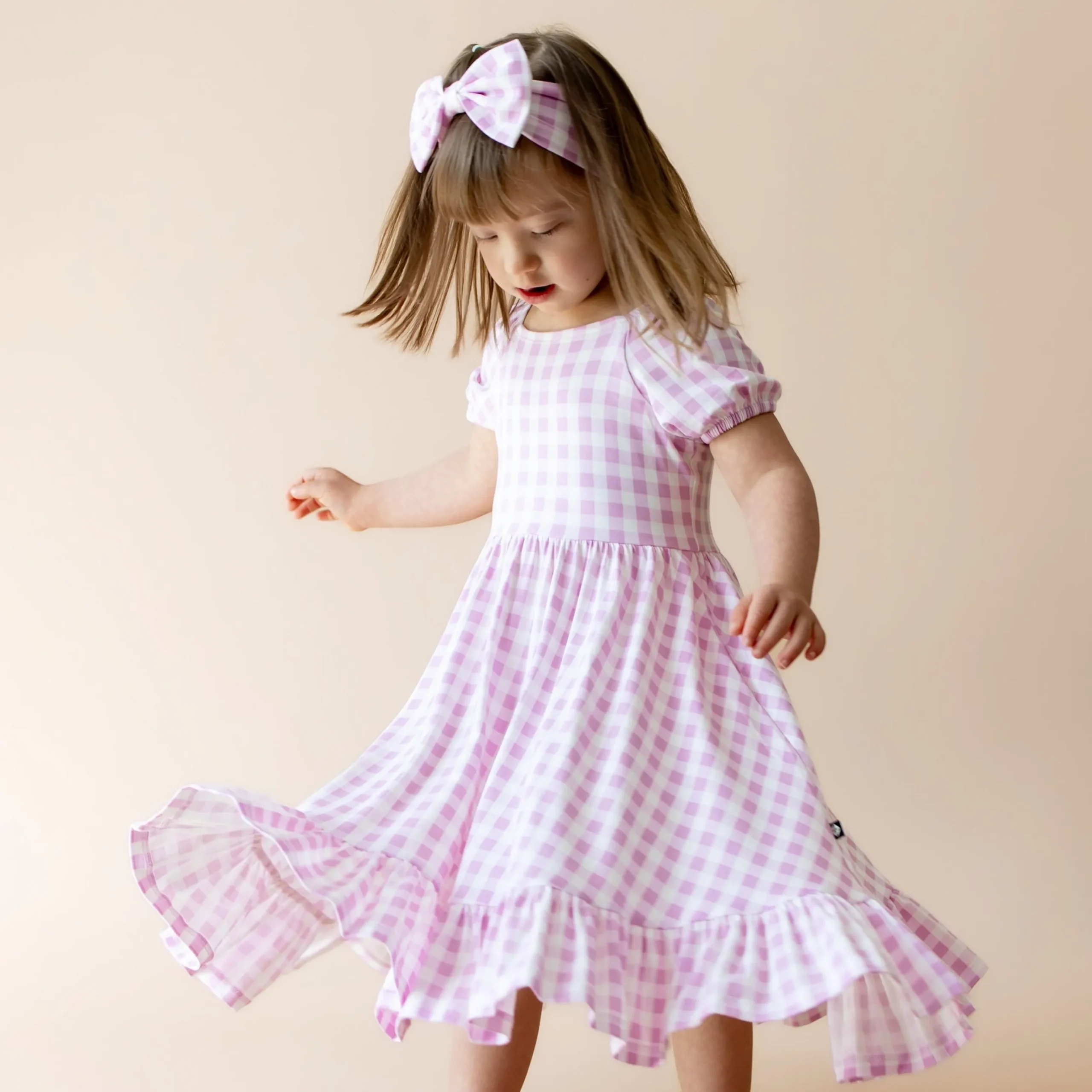 Puff Sleeve Twirl Dress in Gingham Thistle