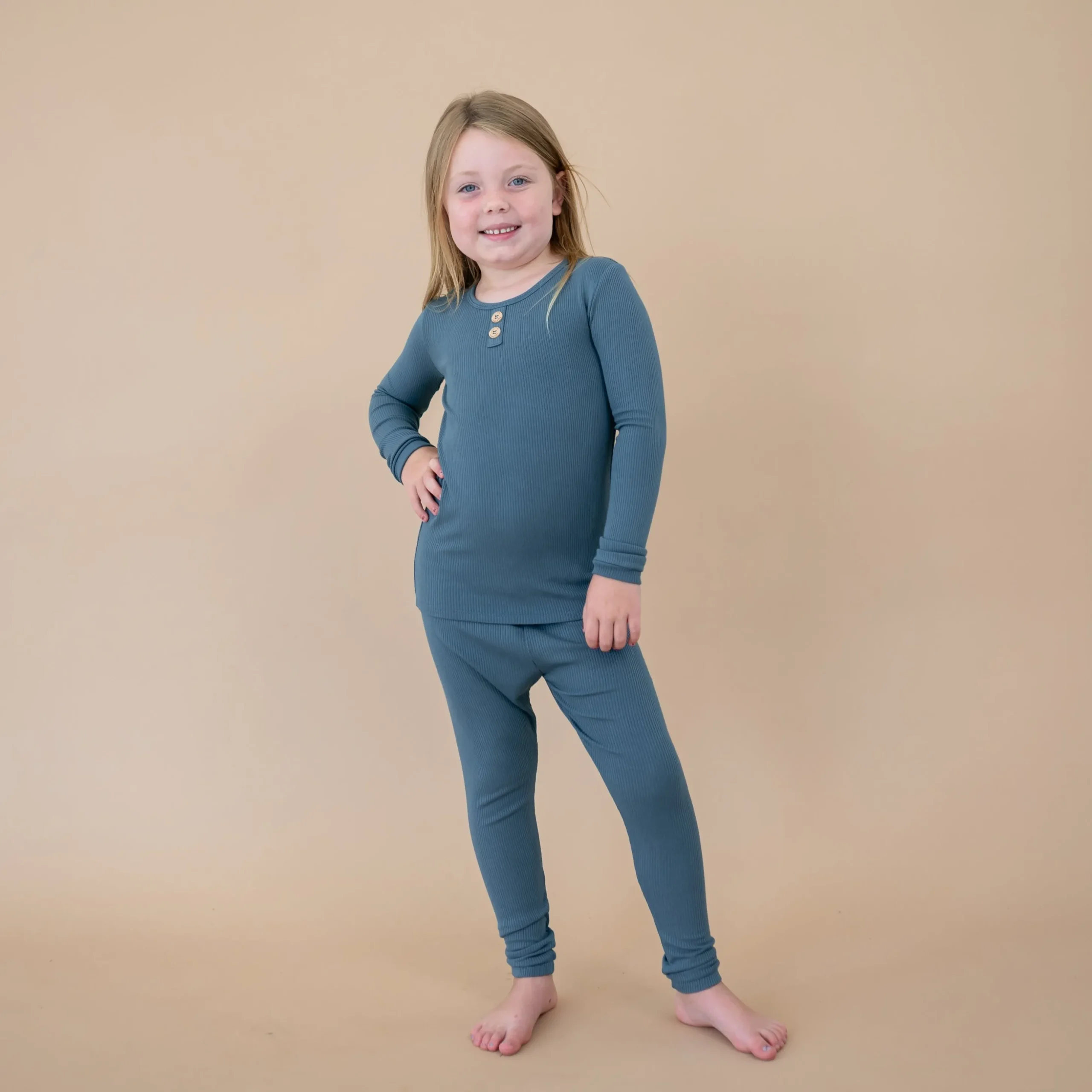 Ribbed Henley Set in Atlantic