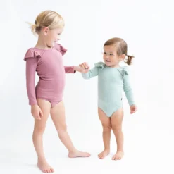 Ribbed Long Sleeve Ruffle Leotard in Sage