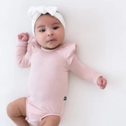 Ribbed Long Sleeve Ruffle Leotard in Blush