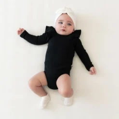 Ribbed Long Sleeve Ruffle Leotard in Midnight