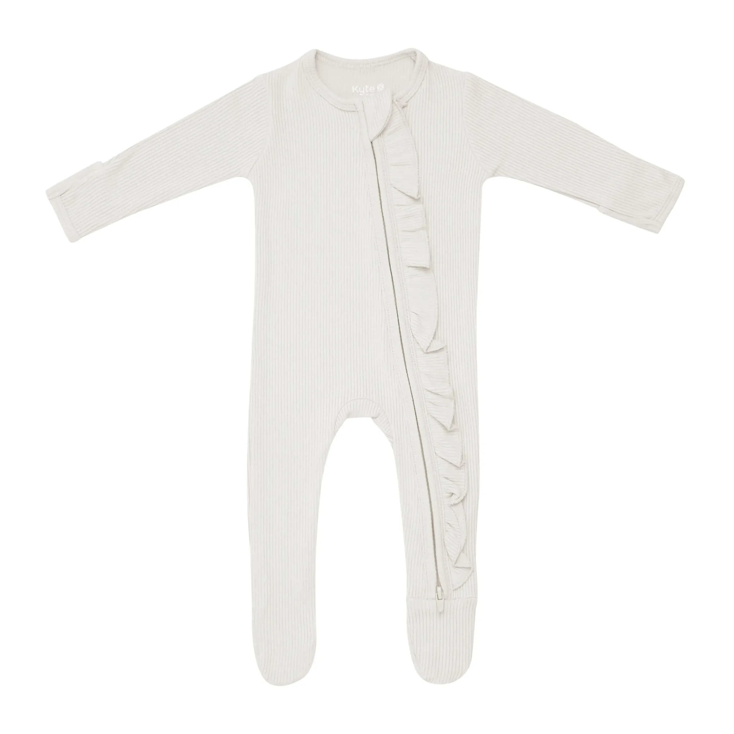 Ribbed Ruffle Zipper Footie in Oat