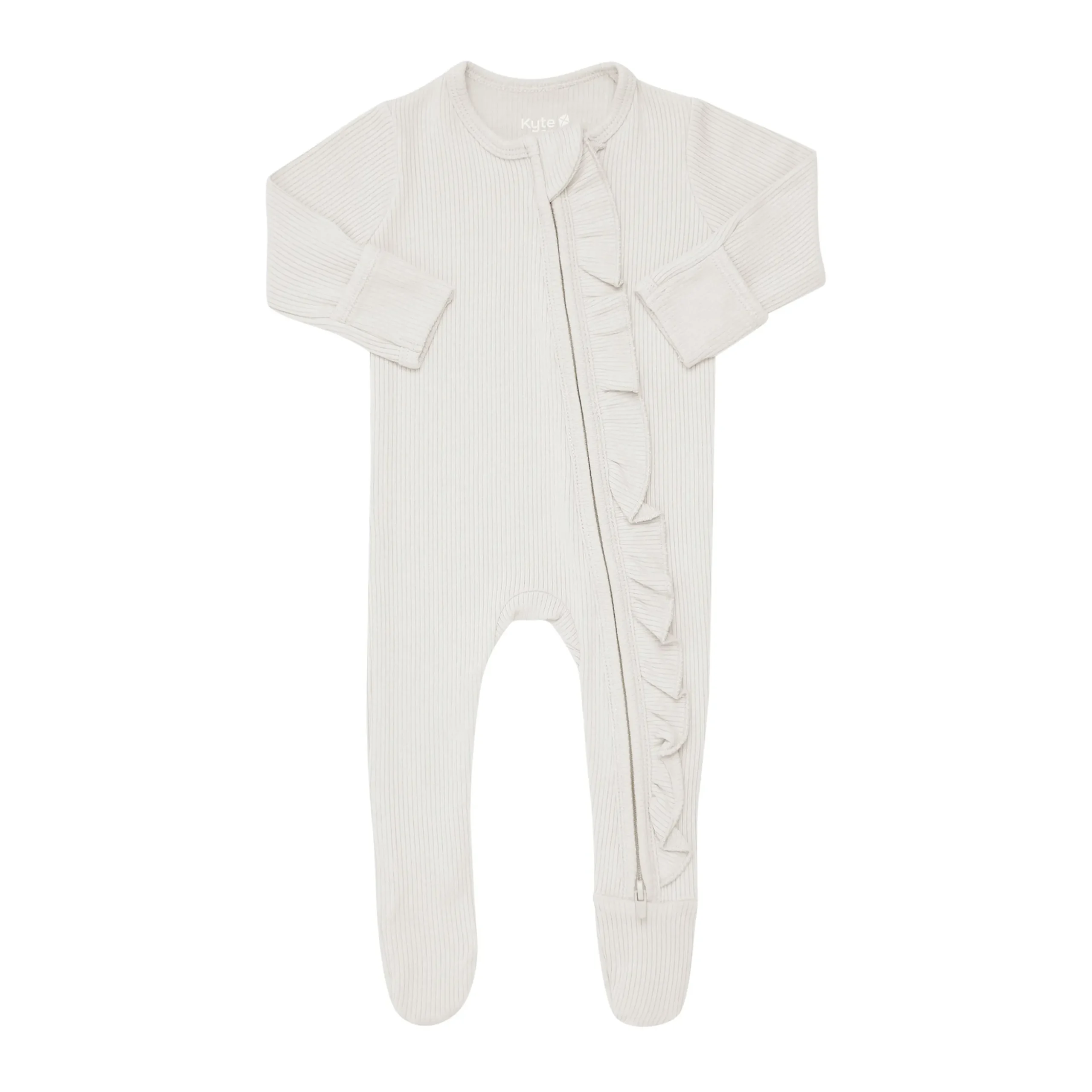 Ribbed Ruffle Zipper Footie in Oat