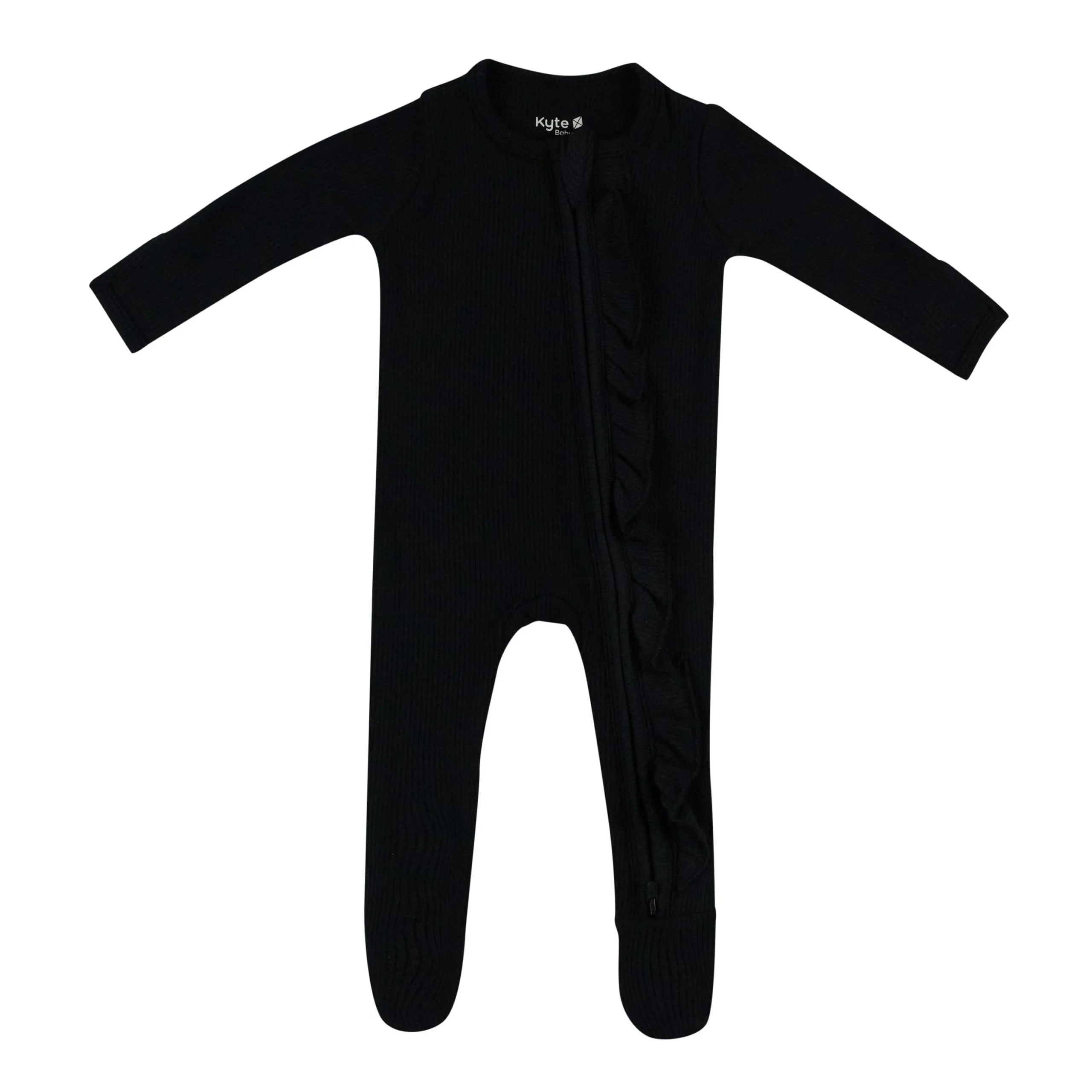 Ribbed Ruffle Zipper Footie in Midnight