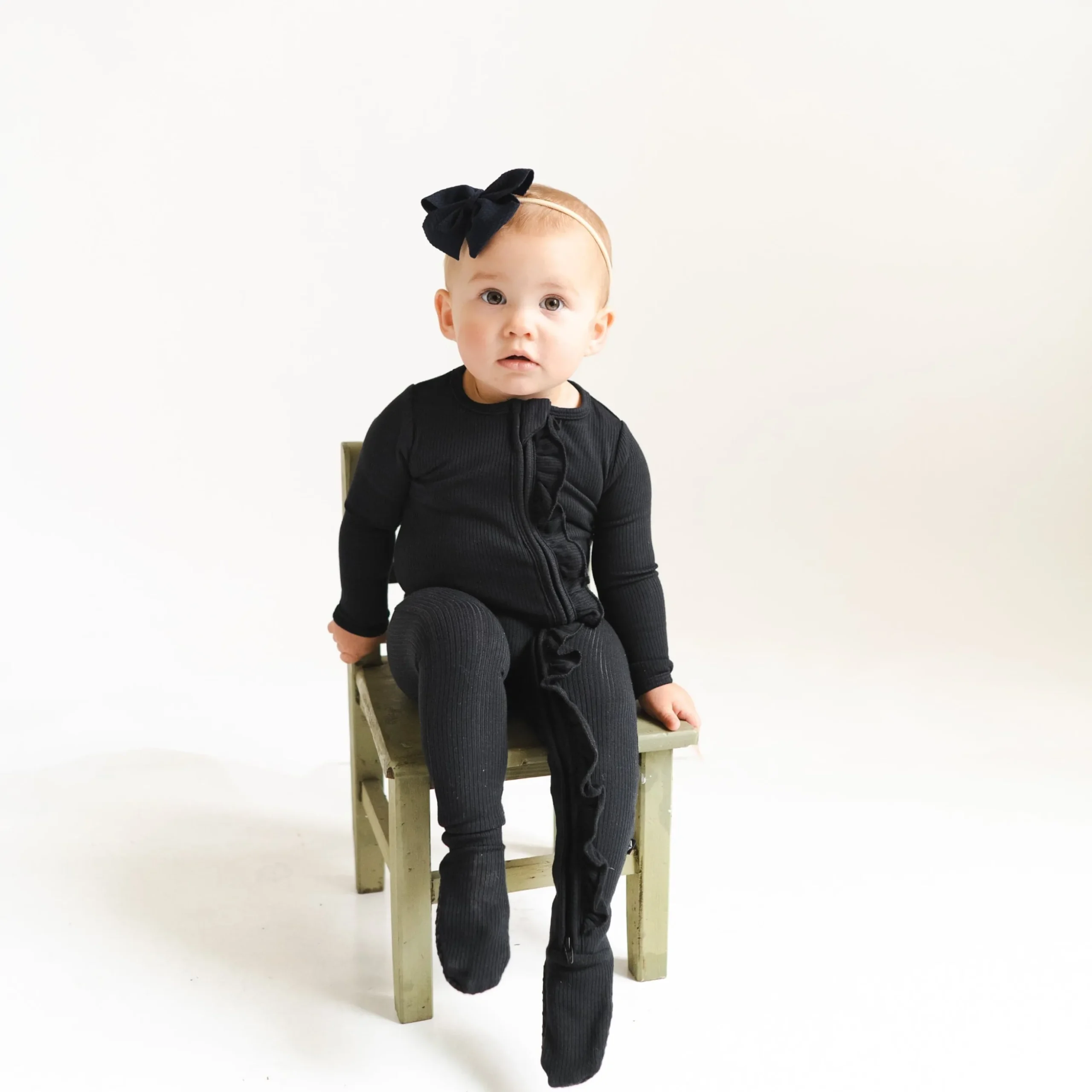 Ribbed Ruffle Zipper Footie in Midnight