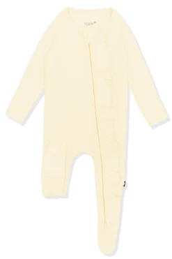Ribbed Ruffle Zipper Footie in Chamomile