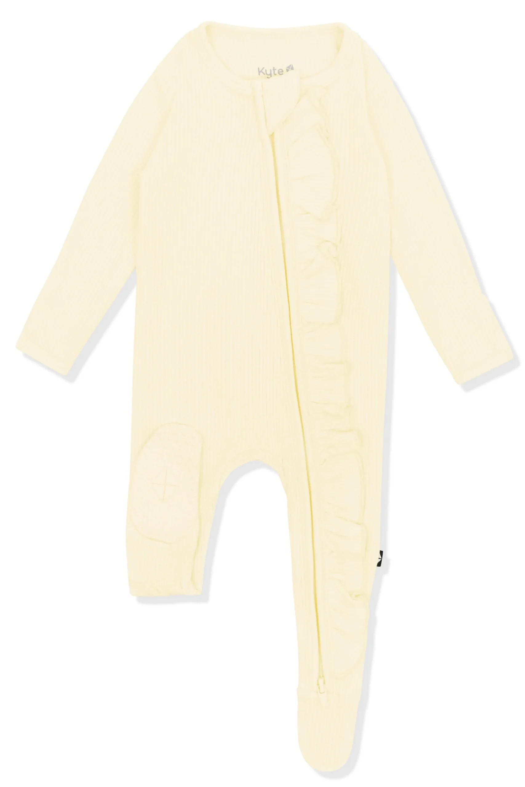 Ribbed Ruffle Zipper Footie in Chamomile
