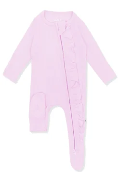 Ribbed Ruffle Zipper Footie in Thistle