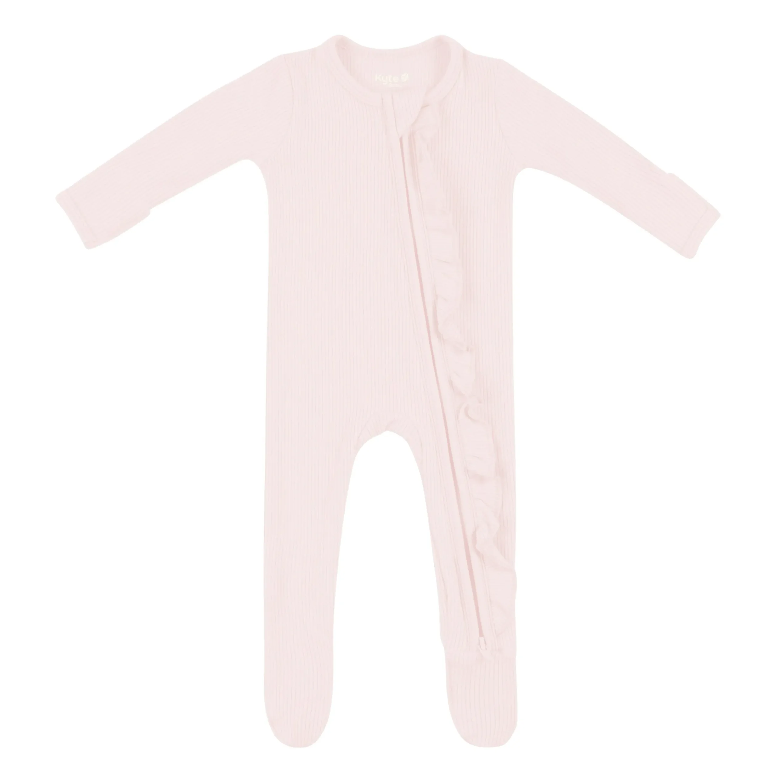 Ribbed Ruffle Zipper Footie in Blush