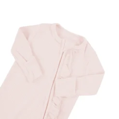 Ribbed Ruffle Zipper Footie in Blush