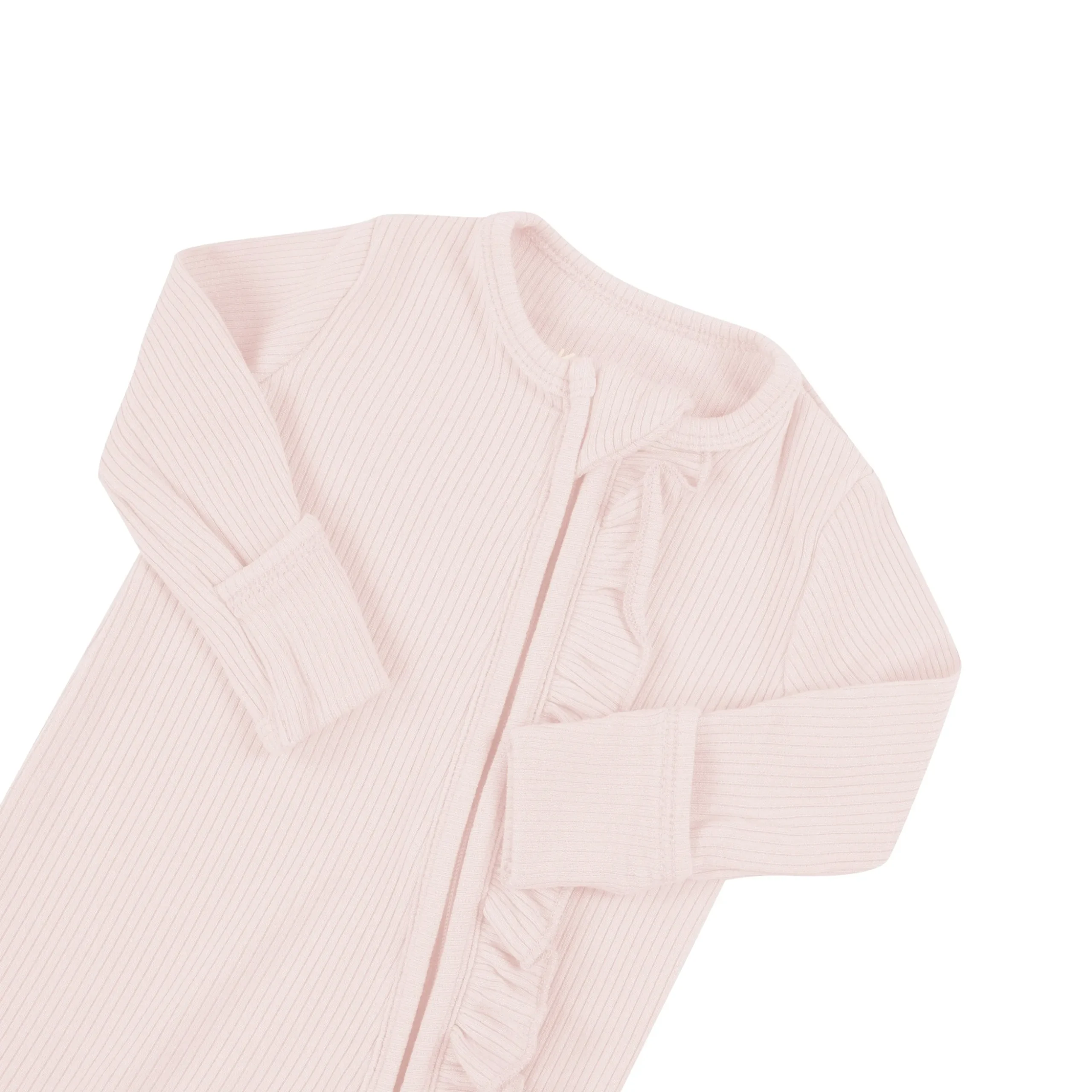 Ribbed Ruffle Zipper Footie in Blush