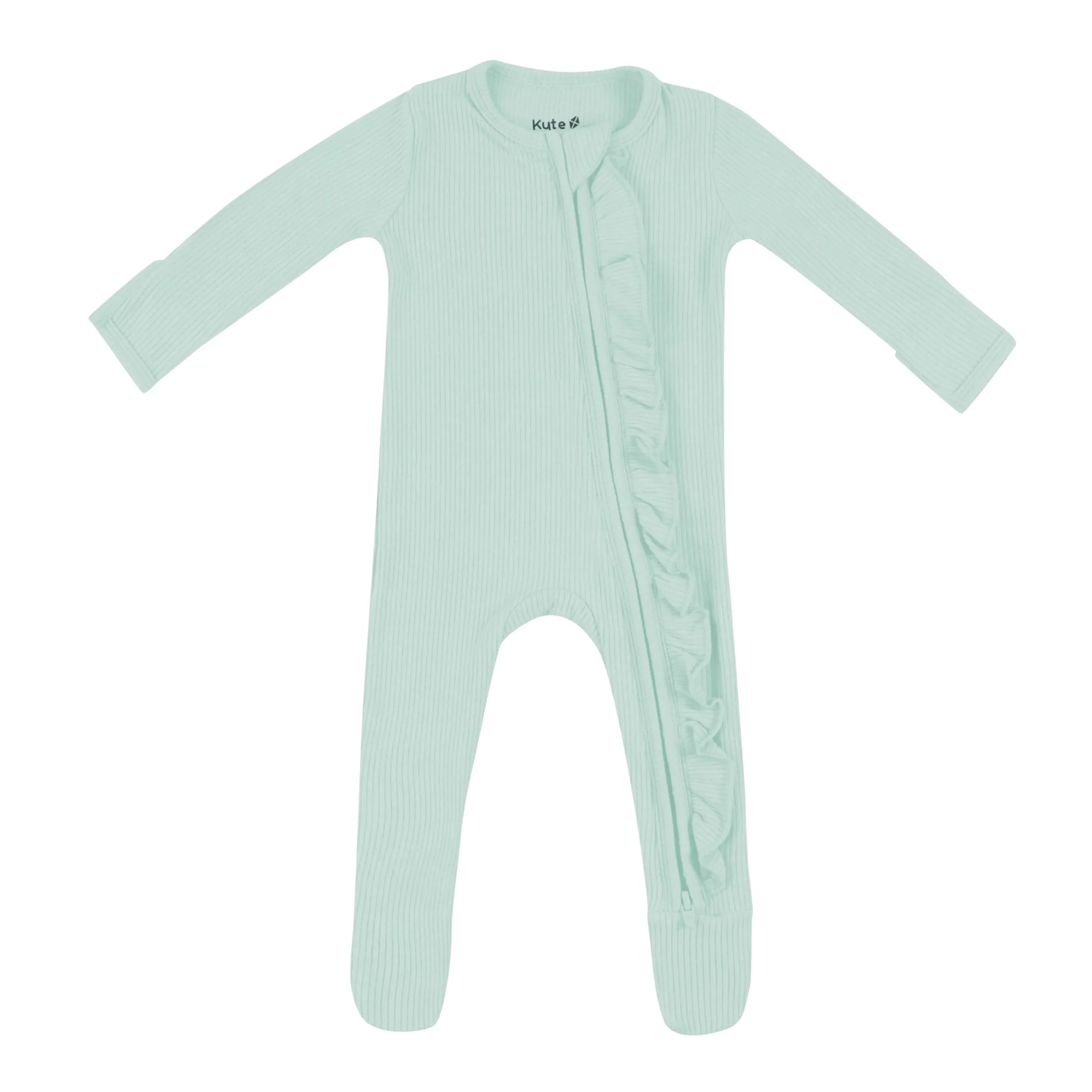 Ribbed Ruffle Zipper Footie in Sage