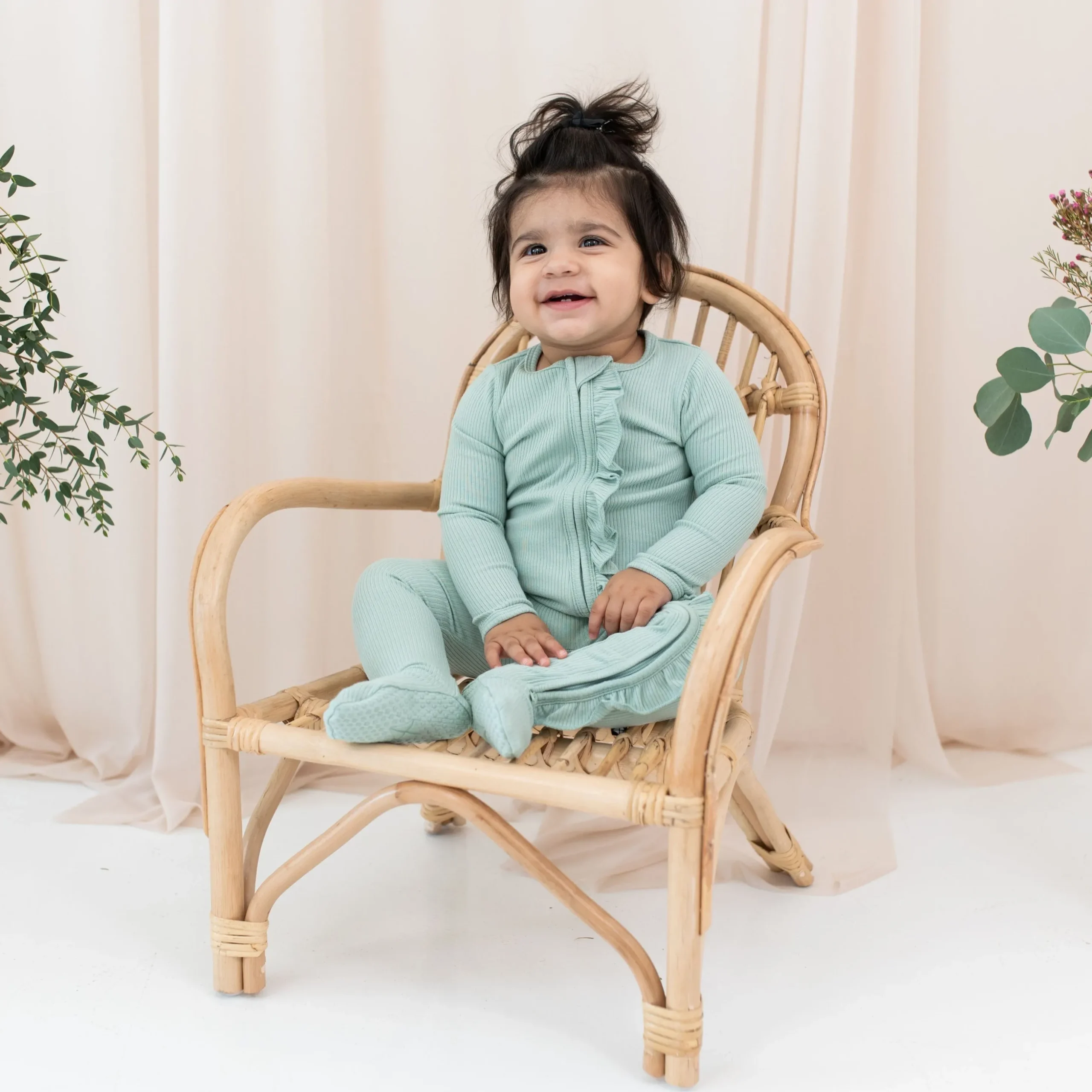 Ribbed Ruffle Zipper Footie in Sage