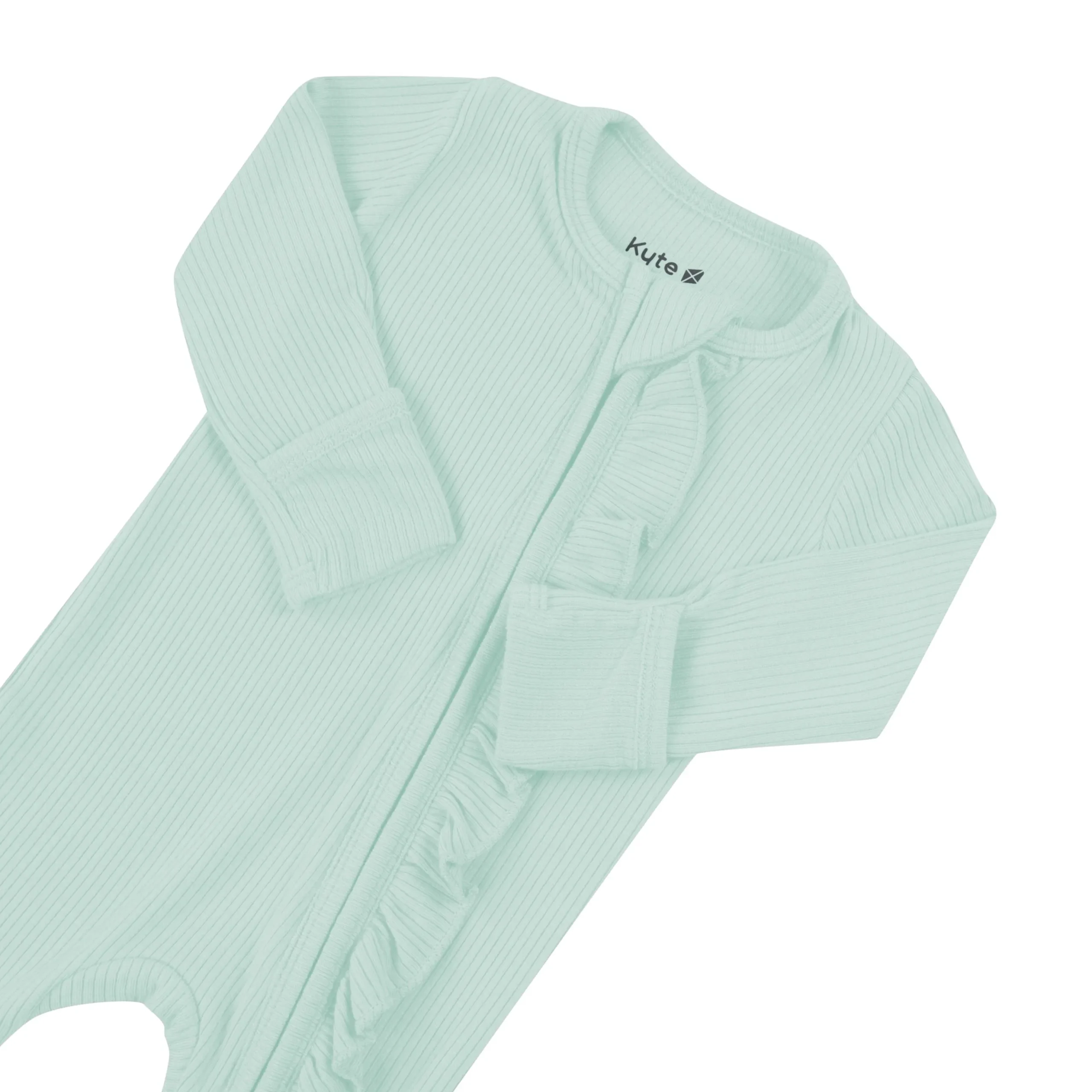 Ribbed Ruffle Zipper Footie in Sage