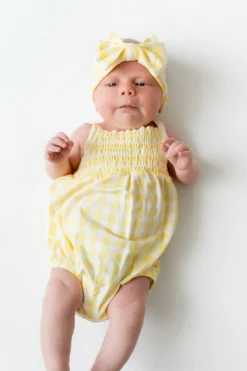 Smocked Bubble Romper in Gingham Chamomile