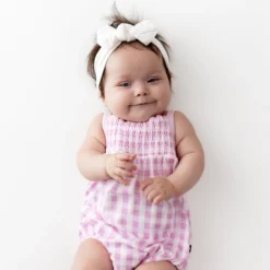 Smocked Bubble Romper in Gingham Thistle