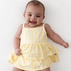 Spaghetti Strap Ruffle Romper in Gingham Chamomile