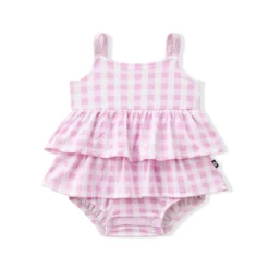 Spaghetti Strap Ruffle Romper in Gingham Thistle