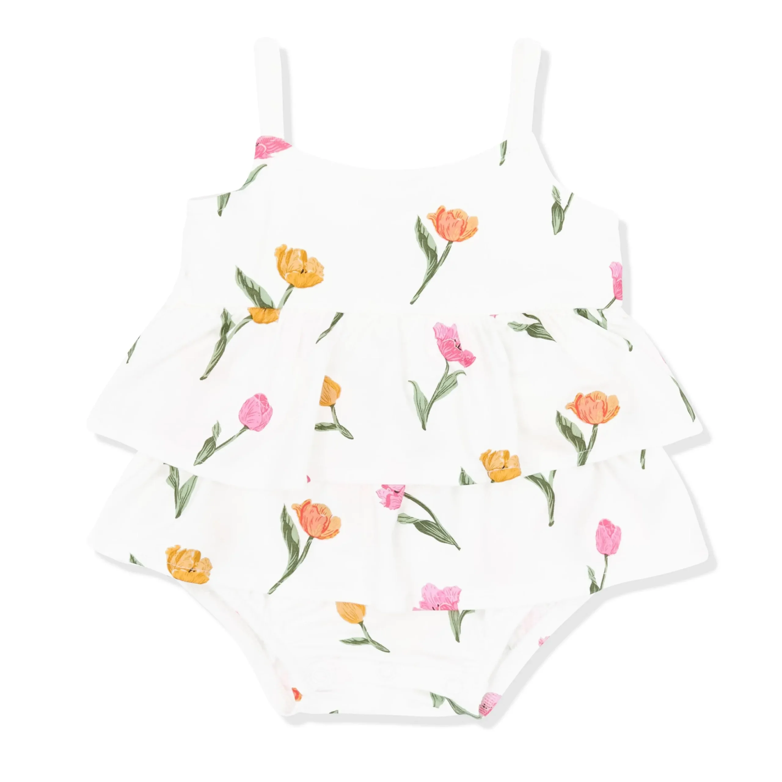 Spaghetti Strap Ruffle Romper in Tulip