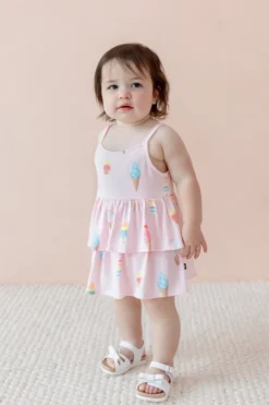 Spaghetti Strap Ruffle Romper in Sakura Ice Cream
