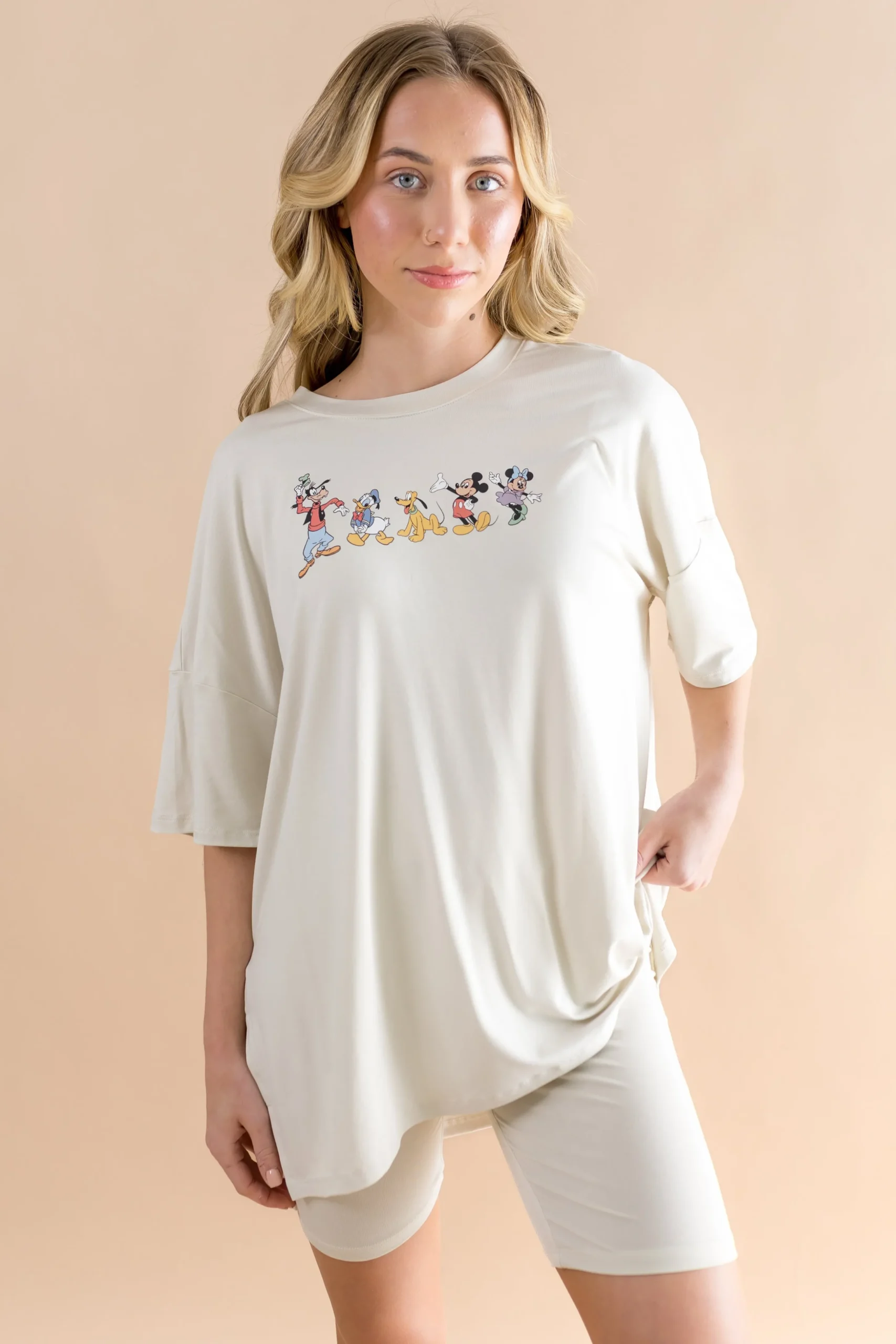 Women’s Biker Short Set in Mickey and Friends on Ecru